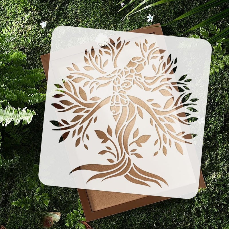 DOODLREAM 11.8"x11.8" Tree of Life Wall Stencil Templates, Mandala Woman Tree Reusable Plastic Stencils for Painting on Wood Floor Tile Fabric Glass Furniture DIY Home Decor Template - Image 4